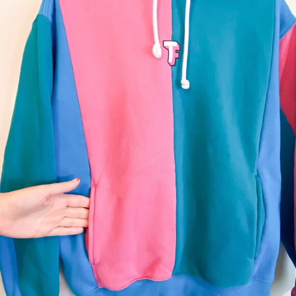 Teddy Fresh Love Color Block Pink Teal Blue Fleece Hoodie - Picture 4 of 8